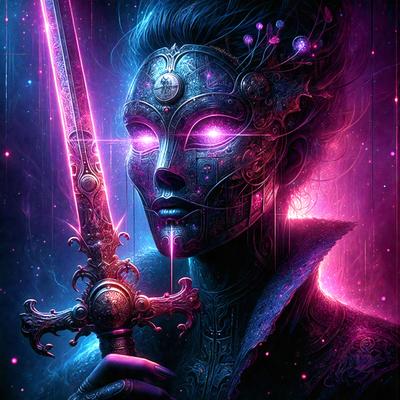 The primary subject of the image is a woman with a sword. She is wearing a costume and has a sword in her hand. The setting is a dark, pink-lit room, which adds to the overall mood of the image. The visual style is a digital art or illustration, creating a unique and intriguing scene. The colors and mood of the image are predominantly dark and mysterious, with the pink lighting adding a touch of warmth and contrast.